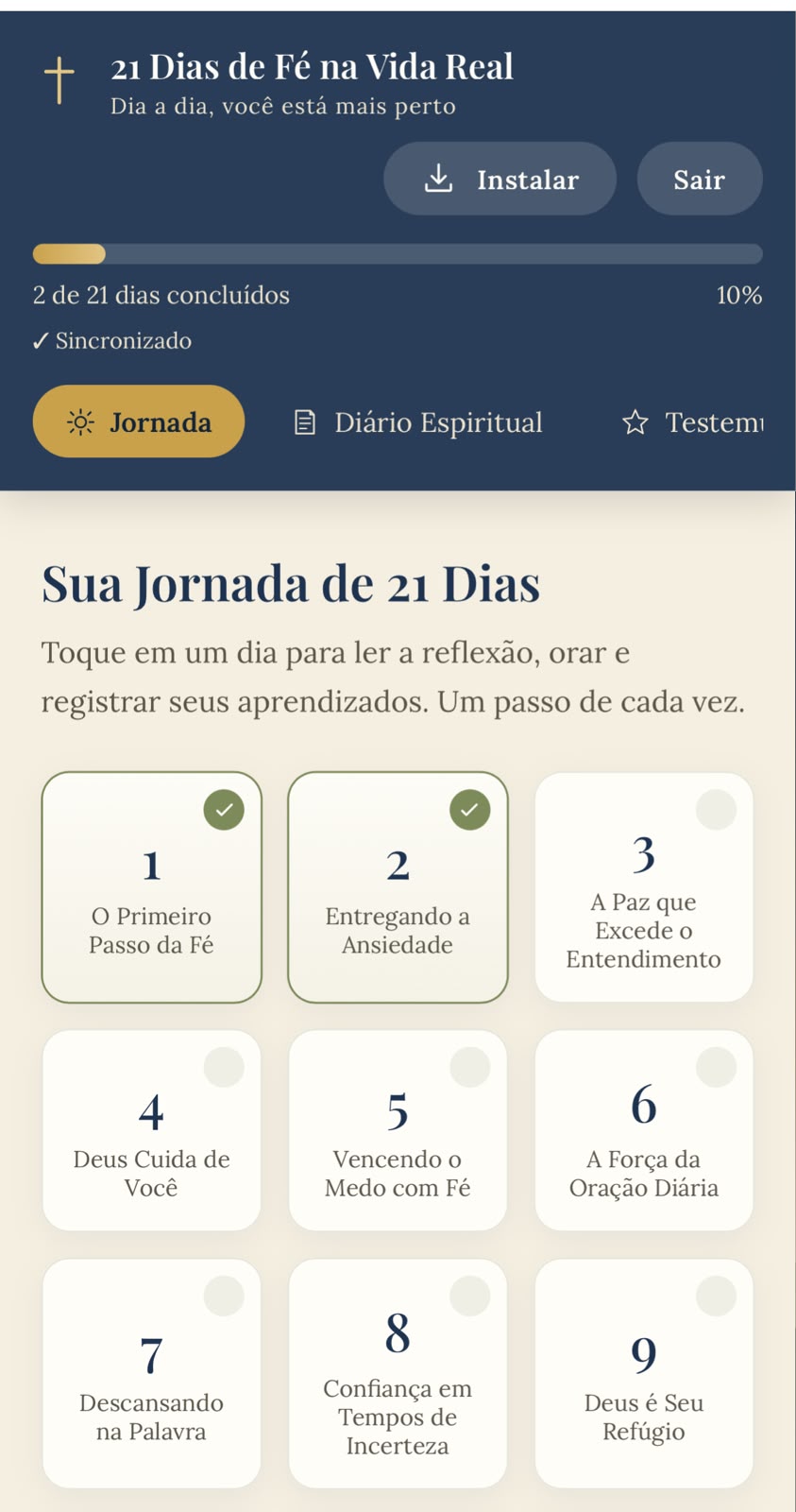 Tela 'Sua Jornada de 21 Dias' com 2 de 21 dias concluídos, 10% de progresso e os cards dos primeiros dias